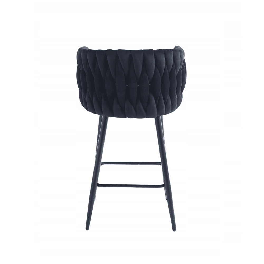 Scaun de bar (hoker), catifea/velur neagra, spatar impletit, cadru metalic negru, 64 cm - Reelken