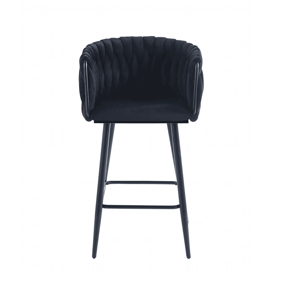 Scaun de bar (hoker), catifea/velur neagra, spatar impletit, cadru metalic negru, 64 cm - Reelken
