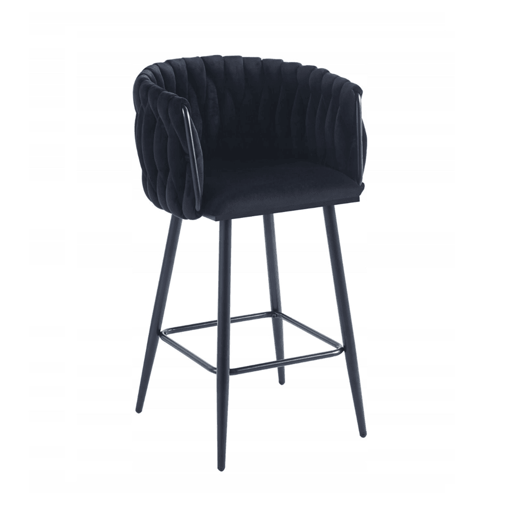 Scaun de bar (hoker), catifea/velur neagra, spatar impletit, cadru metalic negru, 64 cm - Reelken