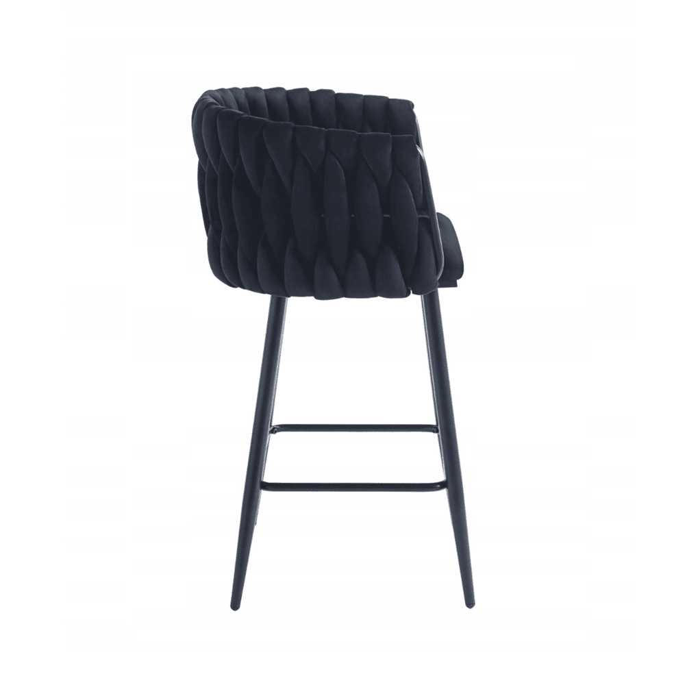 Scaun de bar (hoker), catifea/velur neagra, spatar impletit, cadru metalic negru, 64 cm - Reelken