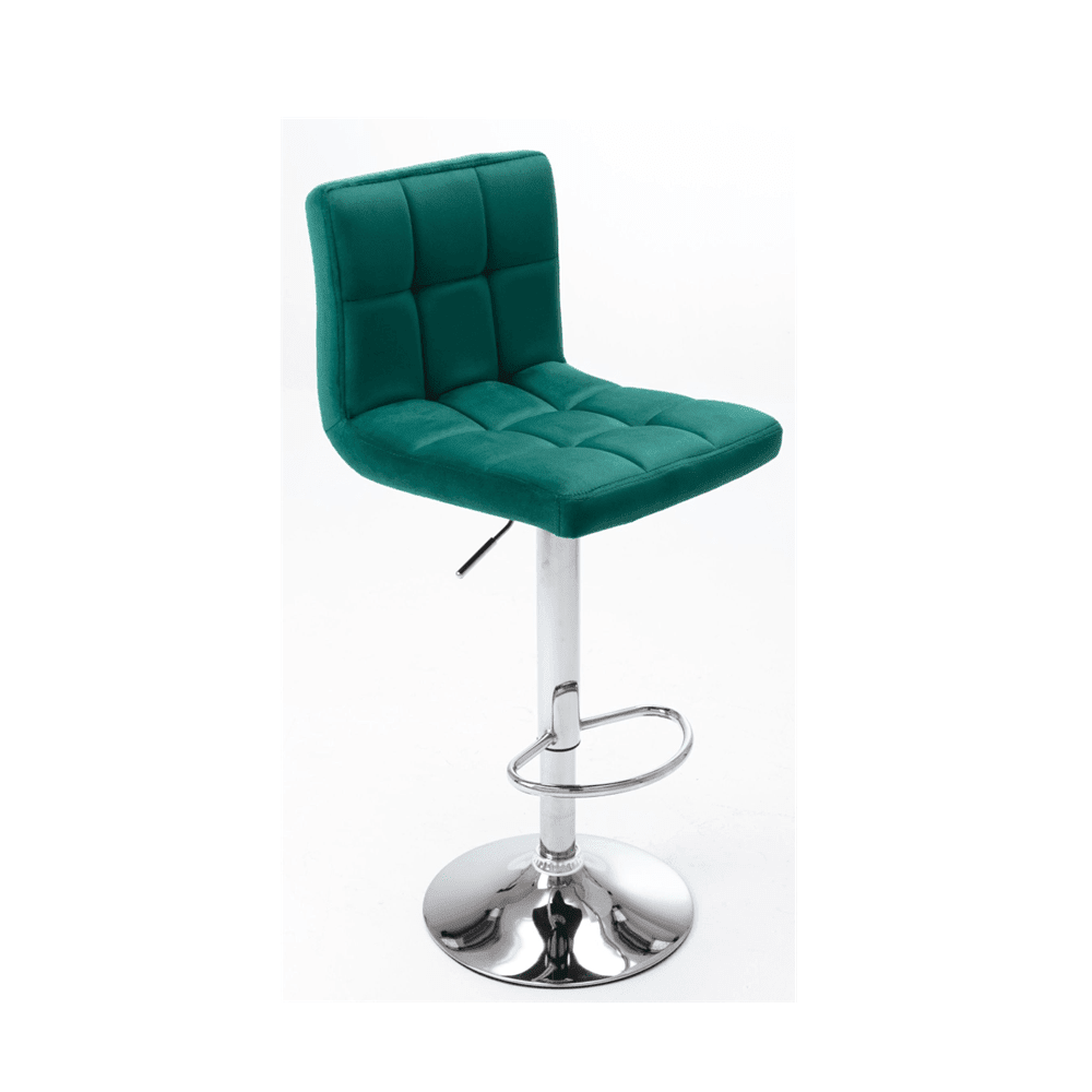 Scaun de bar (hoker) reglabil, catifea verde, rotativ 360°, baza metalica cromata antiderapanta, cu suport pentru picioare, inaltime sezut 64–84 cm - Reelken