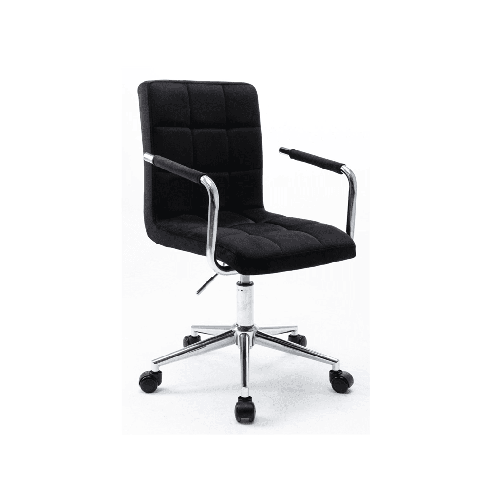 Scaun de birou rotativ, catifea neagra, reglabil pe inaltime, cu cotiere si roti, baza cromata - Reelken