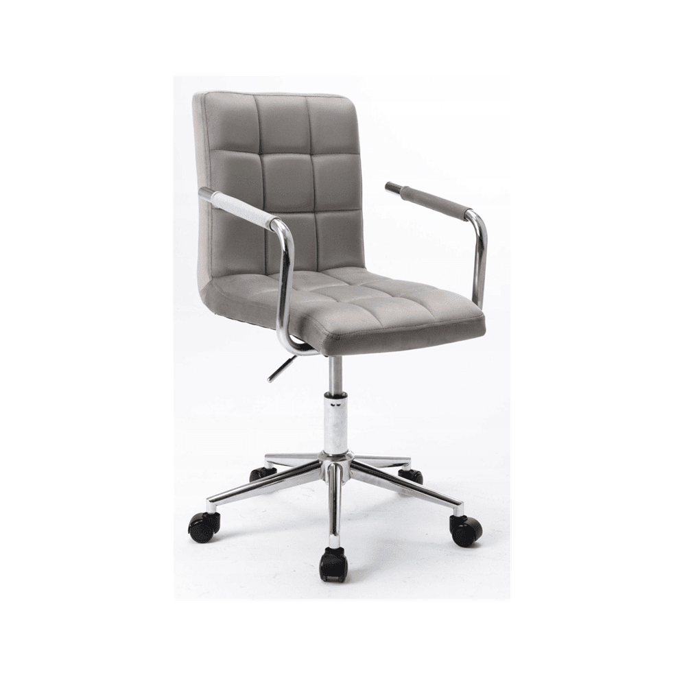 Scaun de birou rotativ, catifea velur gri, cu spatar matlasat, inaltime reglabila, baza metalica cromata, 42–52 cm - Reelken