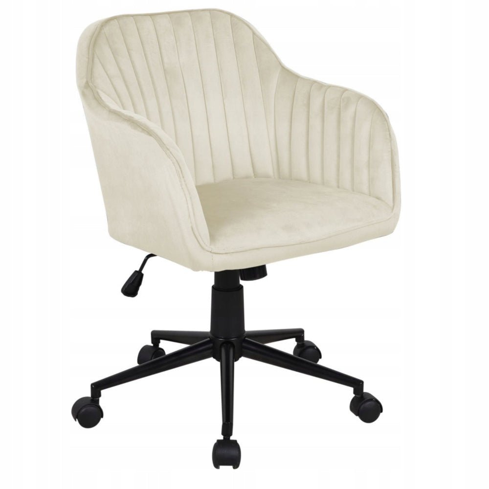 Scaun de birou rotativ, catifea velvet bej deschis, inaltime reglabila, pe roti, baza metalica neagra, 76–82 cm - Reelken