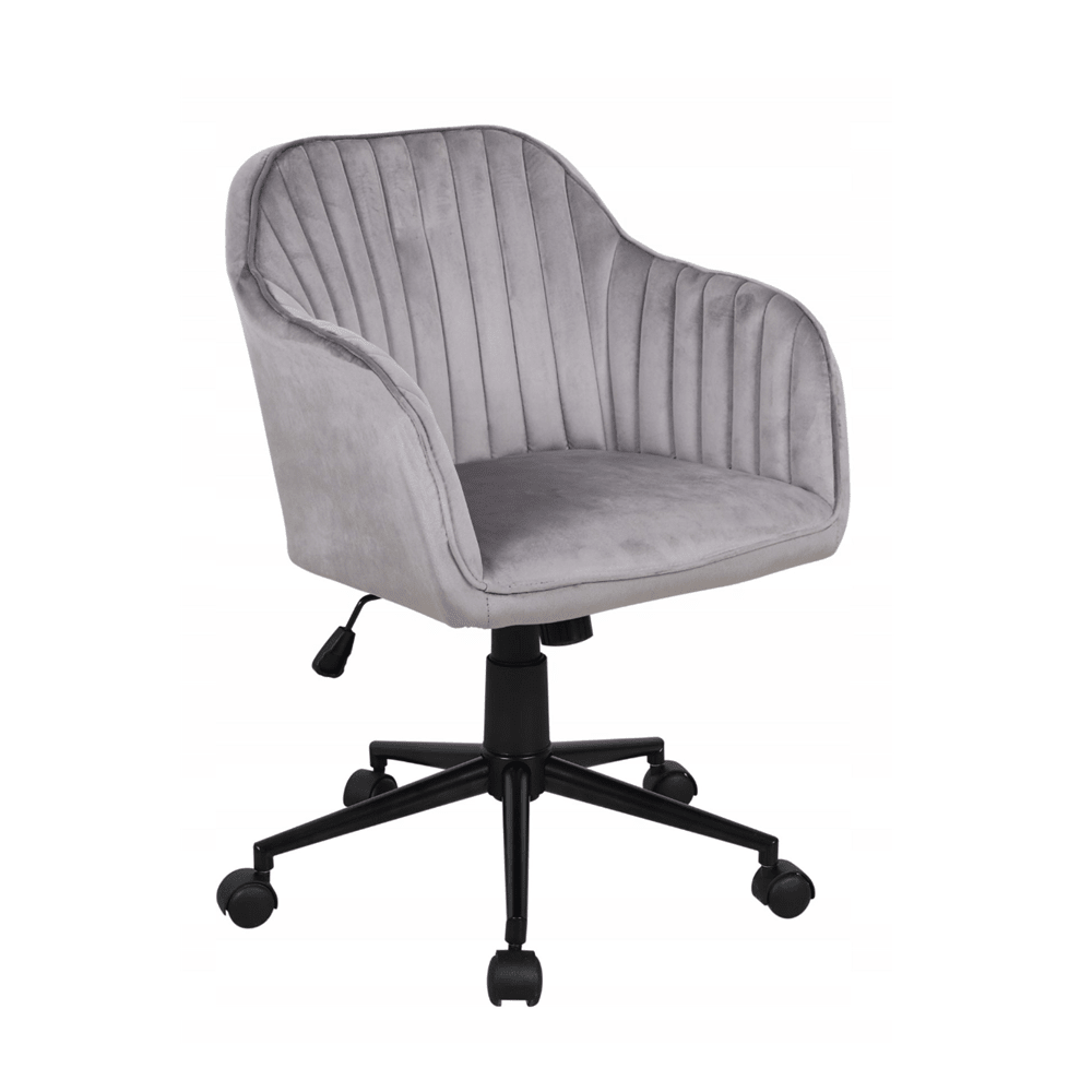 Scaun de birou rotativ, catifea velvet gri, inaltime reglabila, pe roti, baza metalica neagra, 76–82 cm - Reelken