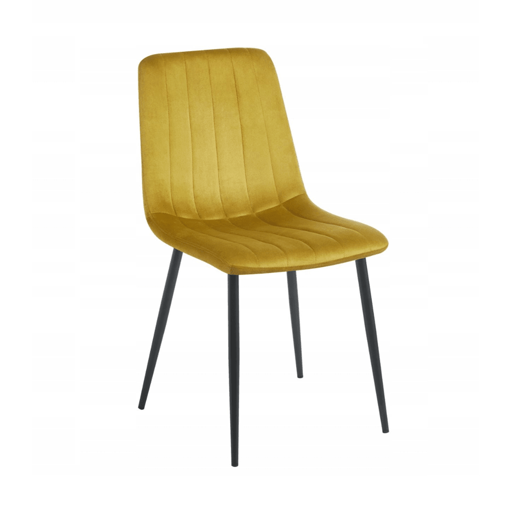 Scaun de dining, tapitat cu catifea velvet culoare curry, picioare metalice negre, stil modern glamour, 87 cm - Reelken