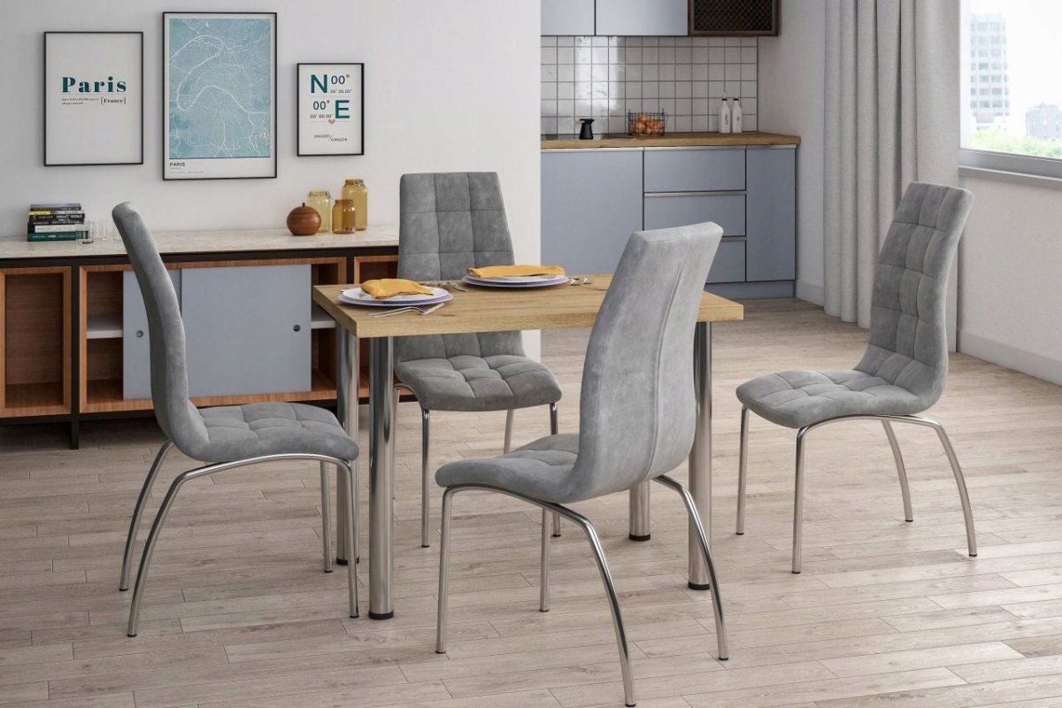 Scaun de dining, velur gri Riviera 91, picioare cromate, 42x41x102 cm, înălțime șezut 48 cm - Reelken