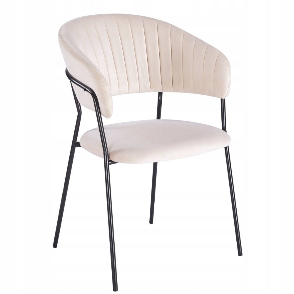 Scaun dining glamour, catifea velur bej, picioare metalice negre, stil Art Deco, cusaturi decorative - Reelken