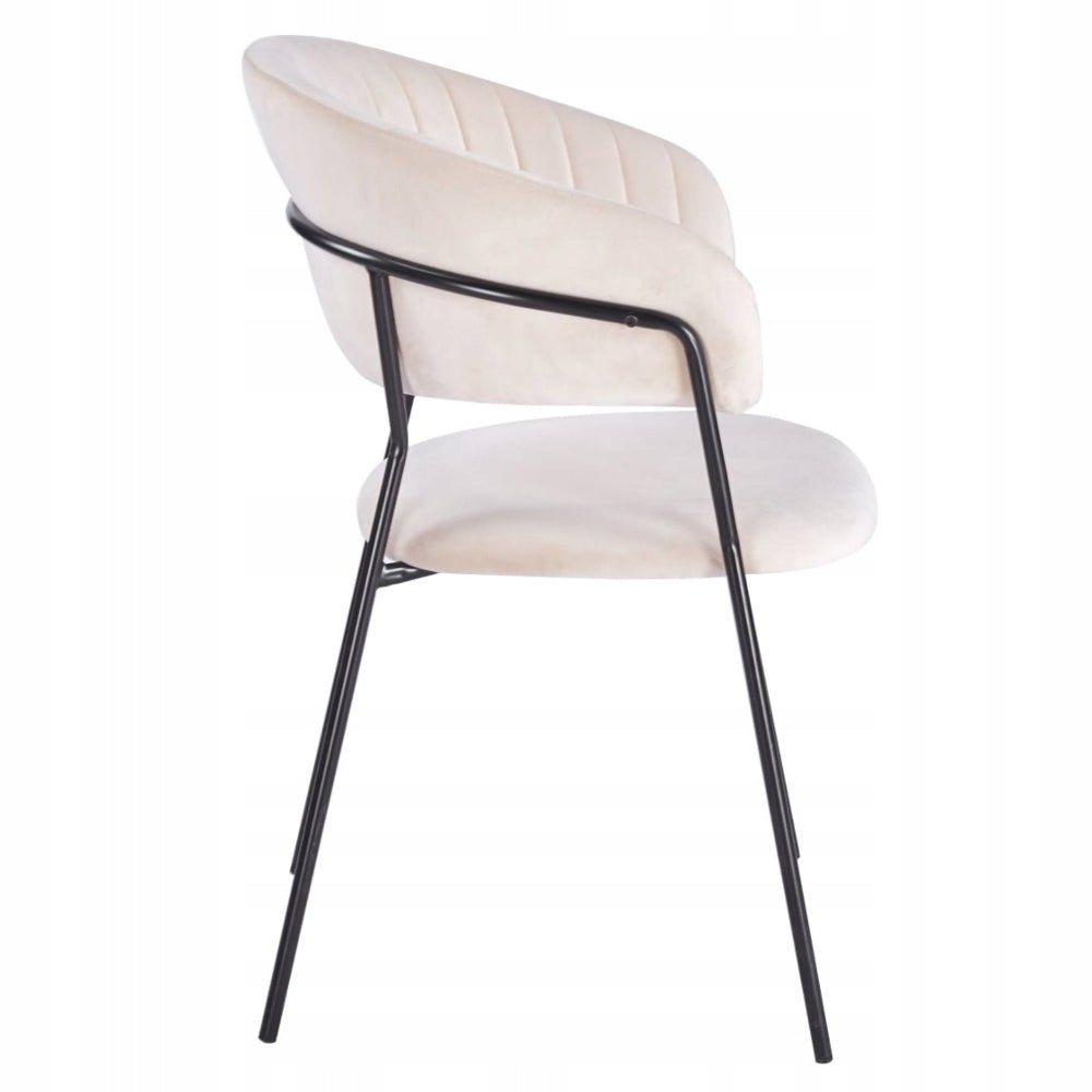 Scaun dining glamour, catifea velur bej, picioare metalice negre, stil Art Deco, cusaturi decorative - Reelken
