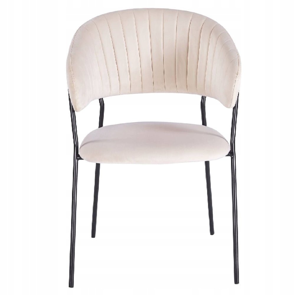 Scaun dining glamour, catifea velur bej, picioare metalice negre, stil Art Deco, cusaturi decorative - Reelken