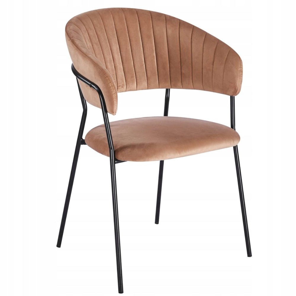 Scaun dining glamour, catifea velur cappucino, picioare metalice negre, stil Art Deco, cusaturi decorative - Reelken