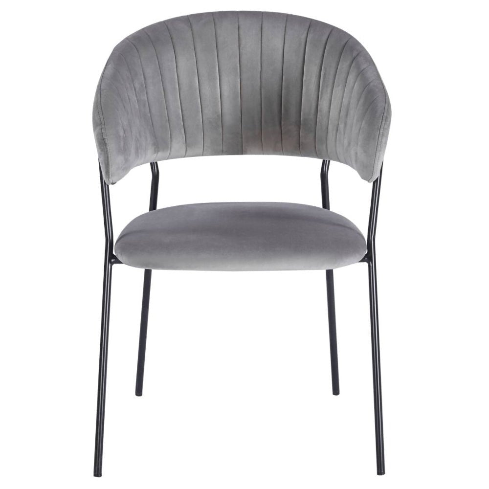 Scaun dining glamour, catifea velur gri, picioare metalice negre, stil Art Deco, cusaturi decorative - Reelken