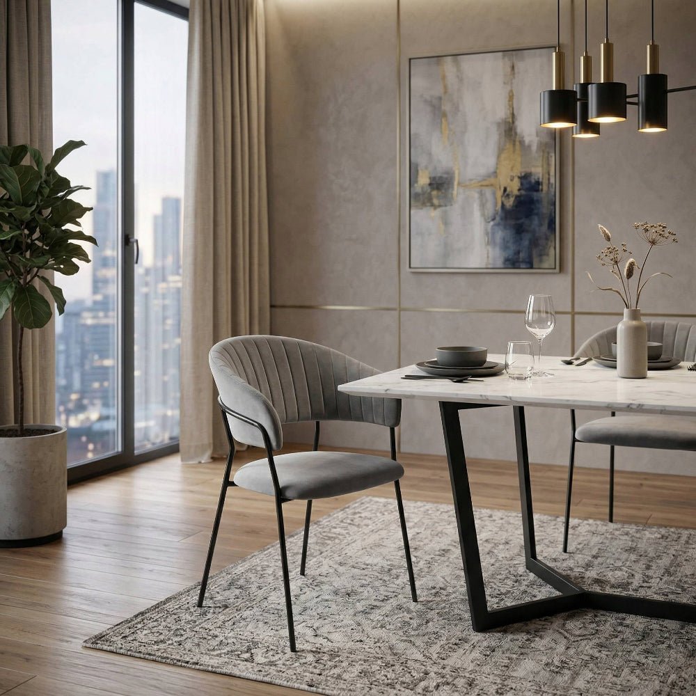 Scaun dining glamour, catifea velur gri, picioare metalice negre, stil Art Deco, cusaturi decorative - Reelken