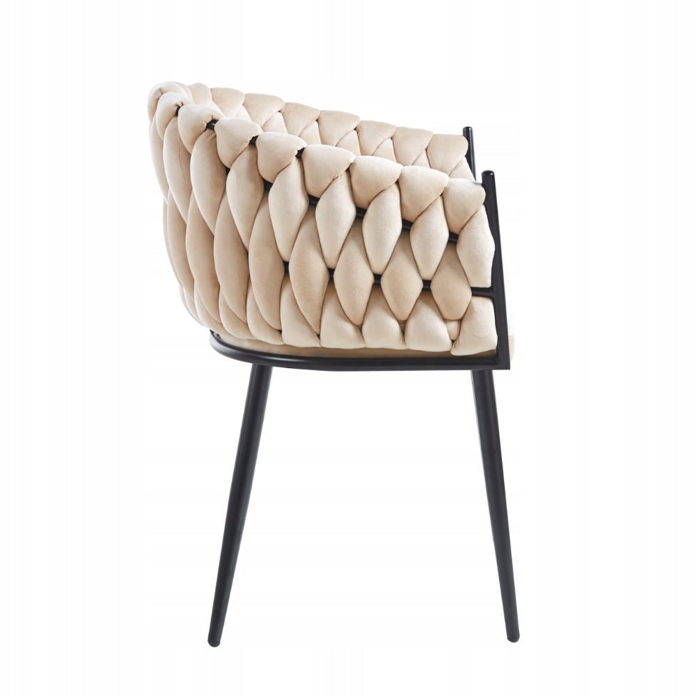Scaun tapitat, catifea bej, spatar impletit, cadru metalic negru, pentru living/dining/birou, 61x50x81 cm - Reelken