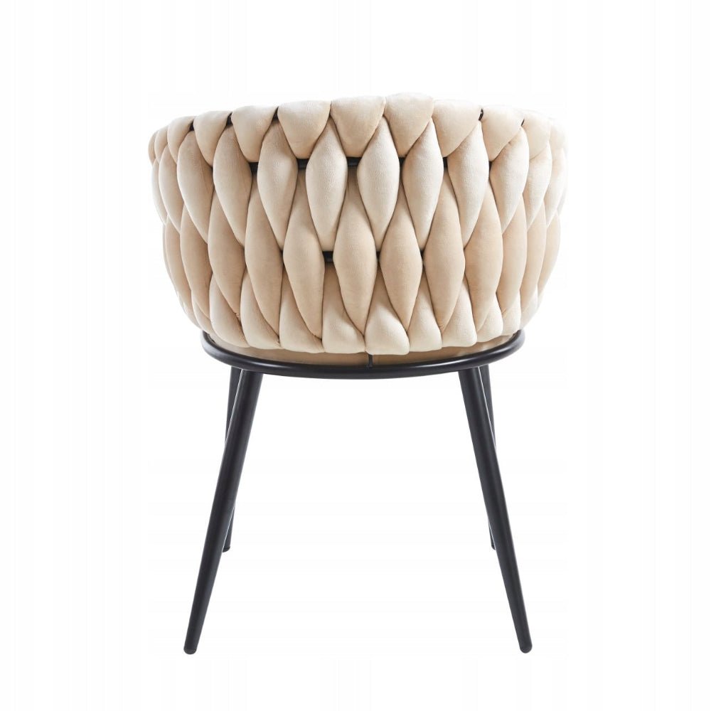 Scaun tapitat, catifea bej, spatar impletit, cadru metalic negru, pentru living/dining/birou, 61x50x81 cm - Reelken