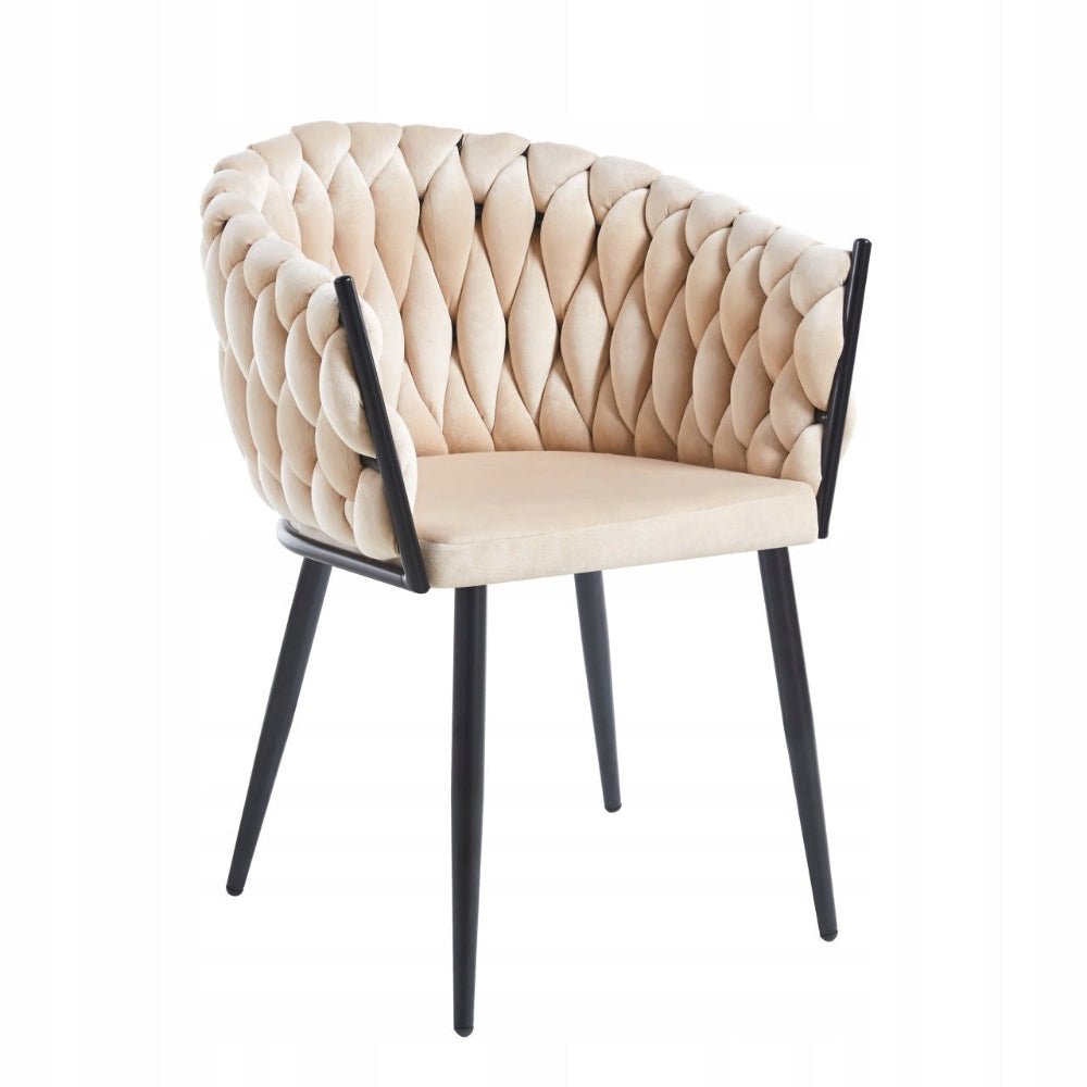 Scaun tapitat, catifea bej, spatar impletit, cadru metalic negru, pentru living/dining/birou, 61x50x81 cm - Reelken