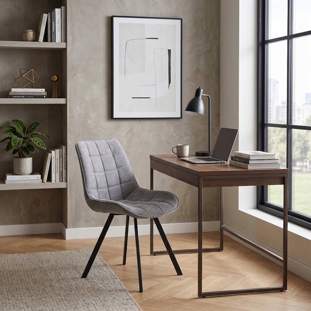 Scaun tapitat, catifea gri matlasata, stil loft/modern glamour, picioare metalice negre mate - Reelken