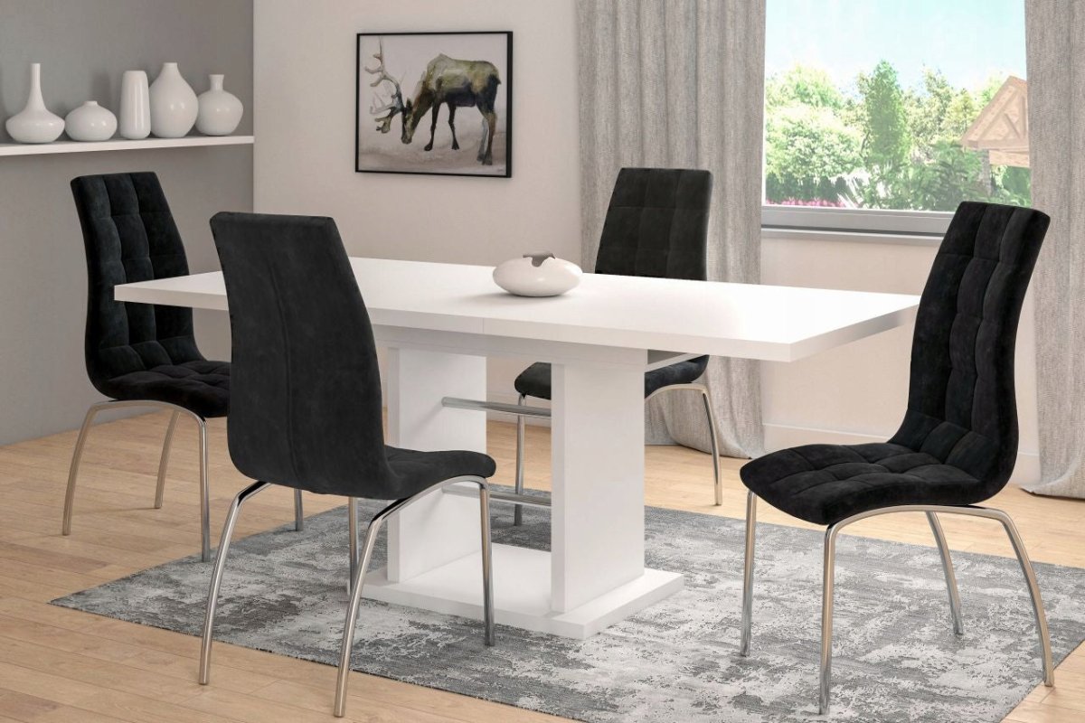 Scaun tapițat, catifea neagră matlasată, picioare metal cromat lucios, pentru dining/living, H 102 cm - Reelken