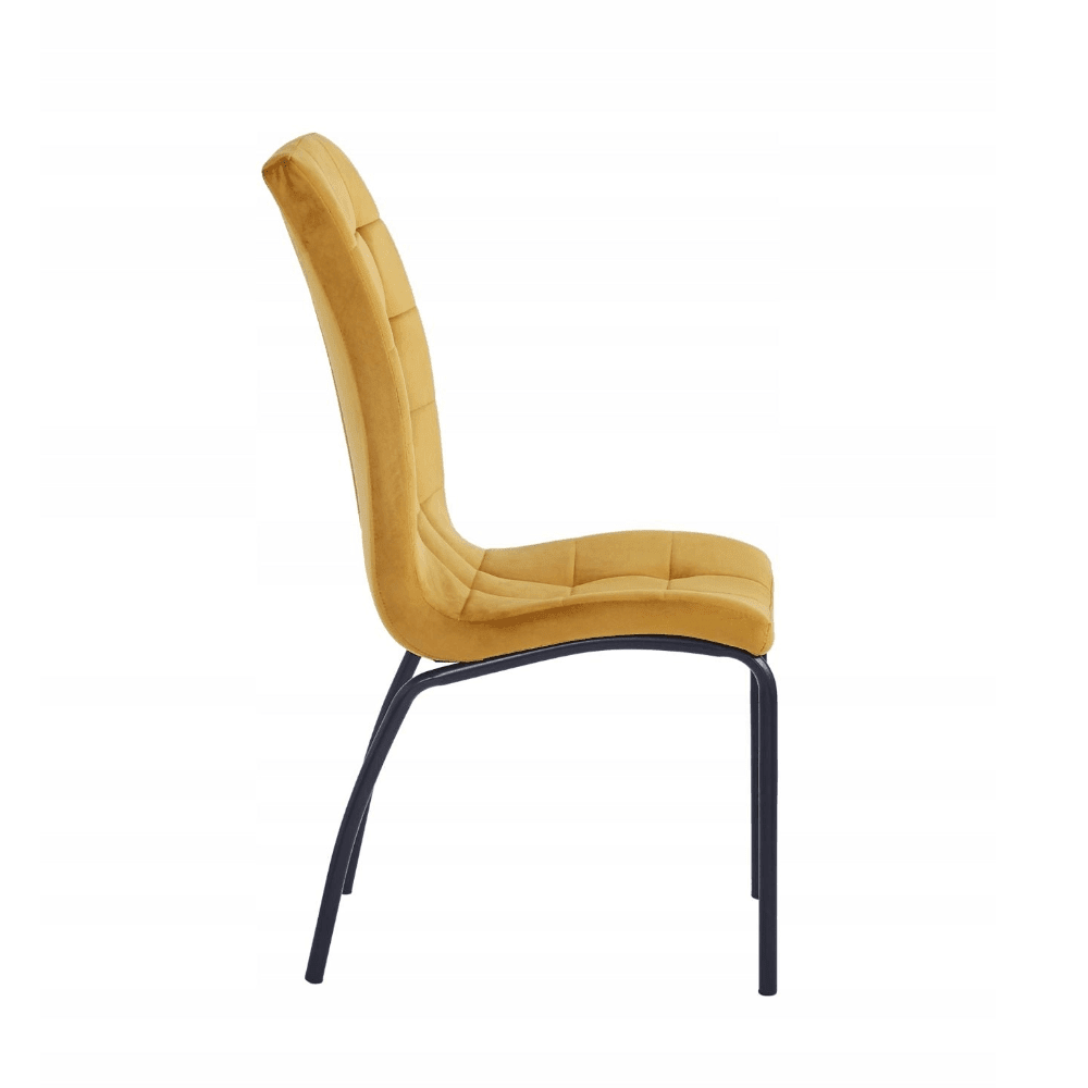 Scaun tapițat, catifea velvet curry, picioare metalice negre, stil scandinav, înălțime 102 cm, șezut 49 cm - Reelken