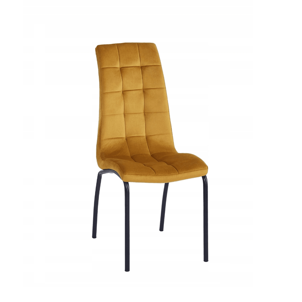 Scaun tapițat, catifea velvet curry, picioare metalice negre, stil scandinav, înălțime 102 cm, șezut 49 cm - Reelken