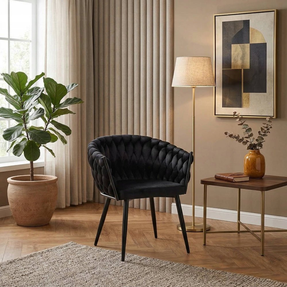 Scaun tapitat, catifea velvet neagra, cadru metalic negru, stil loft modern, sezut cu spumă, 61x50x81 cm - Reelken