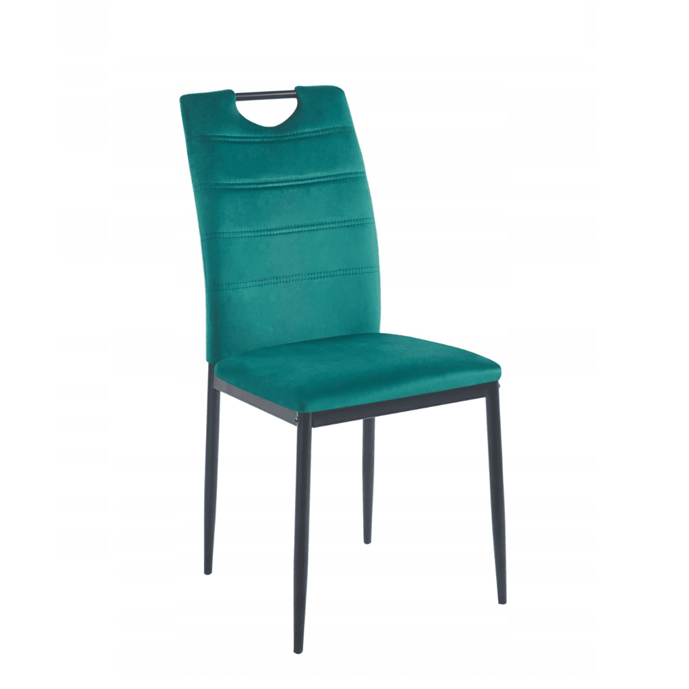 Scaun tapitat, catifea verde, picioare metalice negre, stil loft, cu maner pe spatar, pentru bucatarie/sufragerie/birou, 92 cm - Reelken