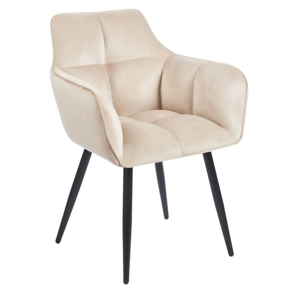 Scaun tapitat cu catifea, culoare bej, cu cotiere si spatar matlasat, stil modern/glamou, picioare metalice negre, 85 cm, - Reelken