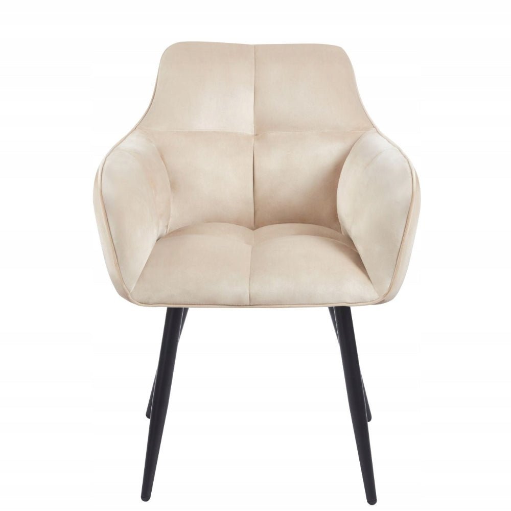 Scaun tapitat cu catifea, culoare bej, cu cotiere si spatar matlasat, stil modern/glamou, picioare metalice negre, 85 cm, - Reelken