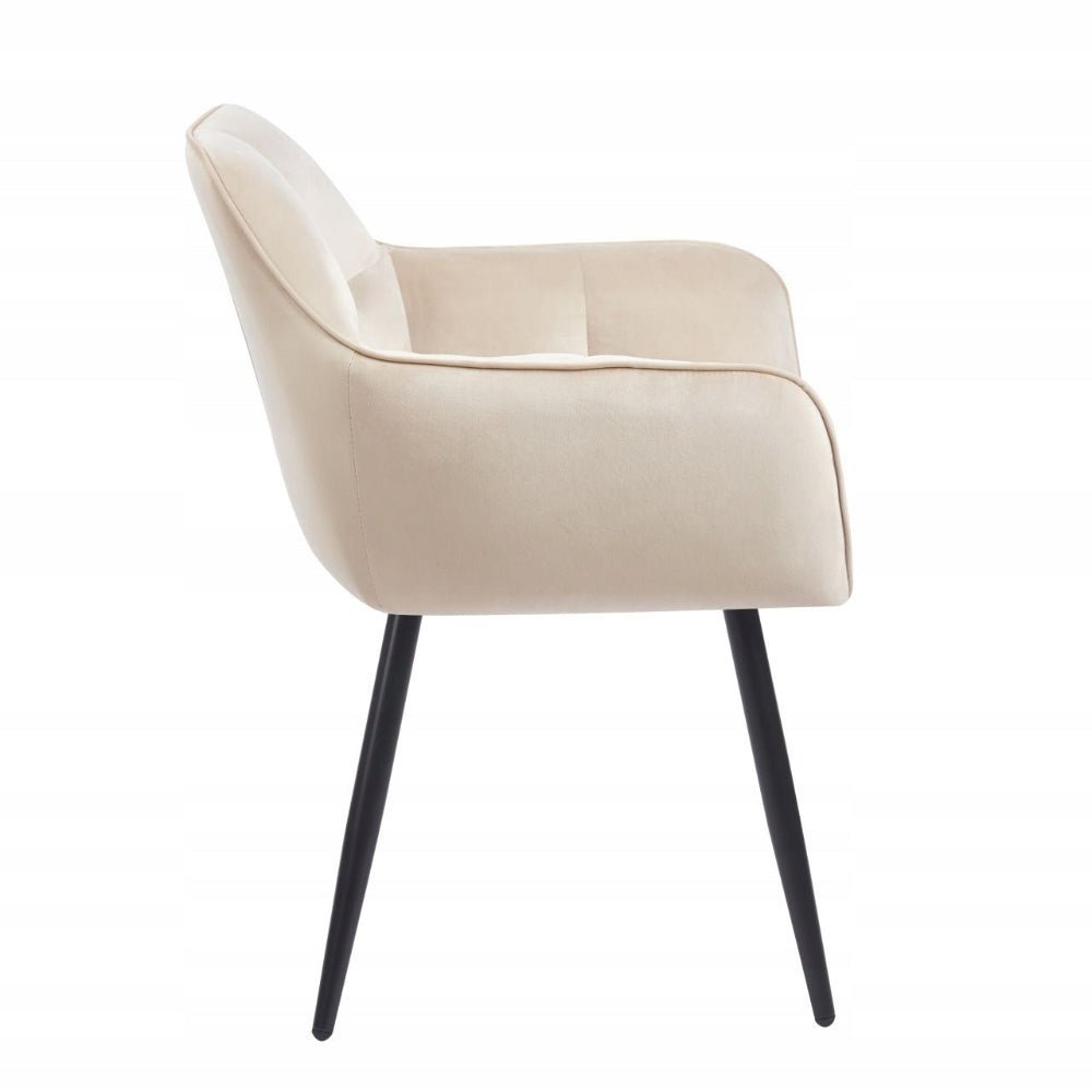 Scaun tapitat cu catifea, culoare bej, cu cotiere si spatar matlasat, stil modern/glamou, picioare metalice negre, 85 cm, - Reelken