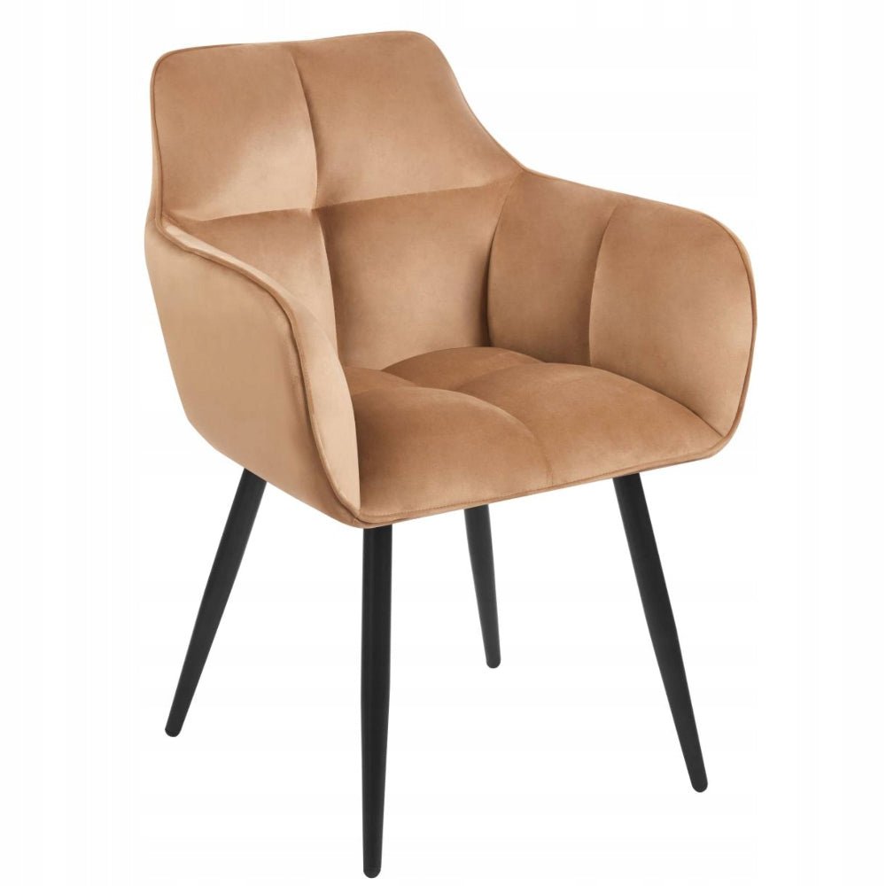Scaun tapitat cu catifea, culoare cappuccino, cu cotiere si spatar matlasat, stil modern/glamou, picioare metalice negre, 85 cm, - Reelken