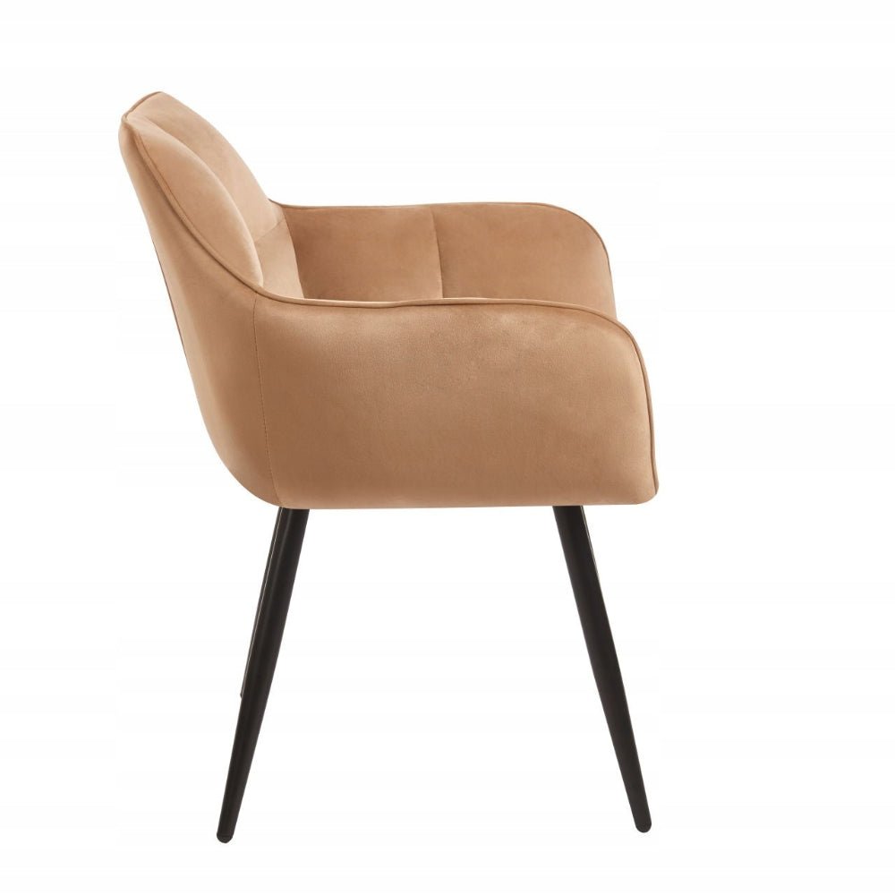 Scaun tapitat cu catifea, culoare cappuccino, cu cotiere si spatar matlasat, stil modern/glamou, picioare metalice negre, 85 cm, - Reelken