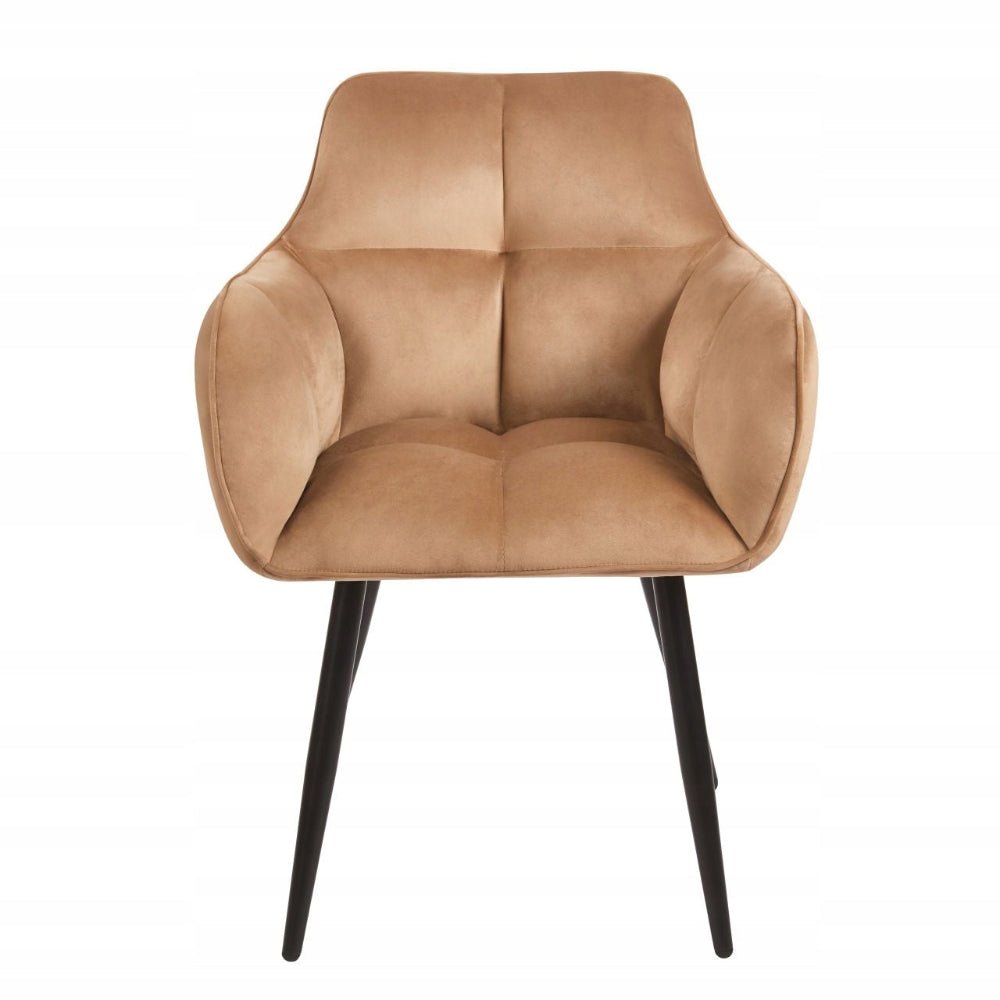 Scaun tapitat cu catifea, culoare cappuccino, cu cotiere si spatar matlasat, stil modern/glamou, picioare metalice negre, 85 cm, - Reelken