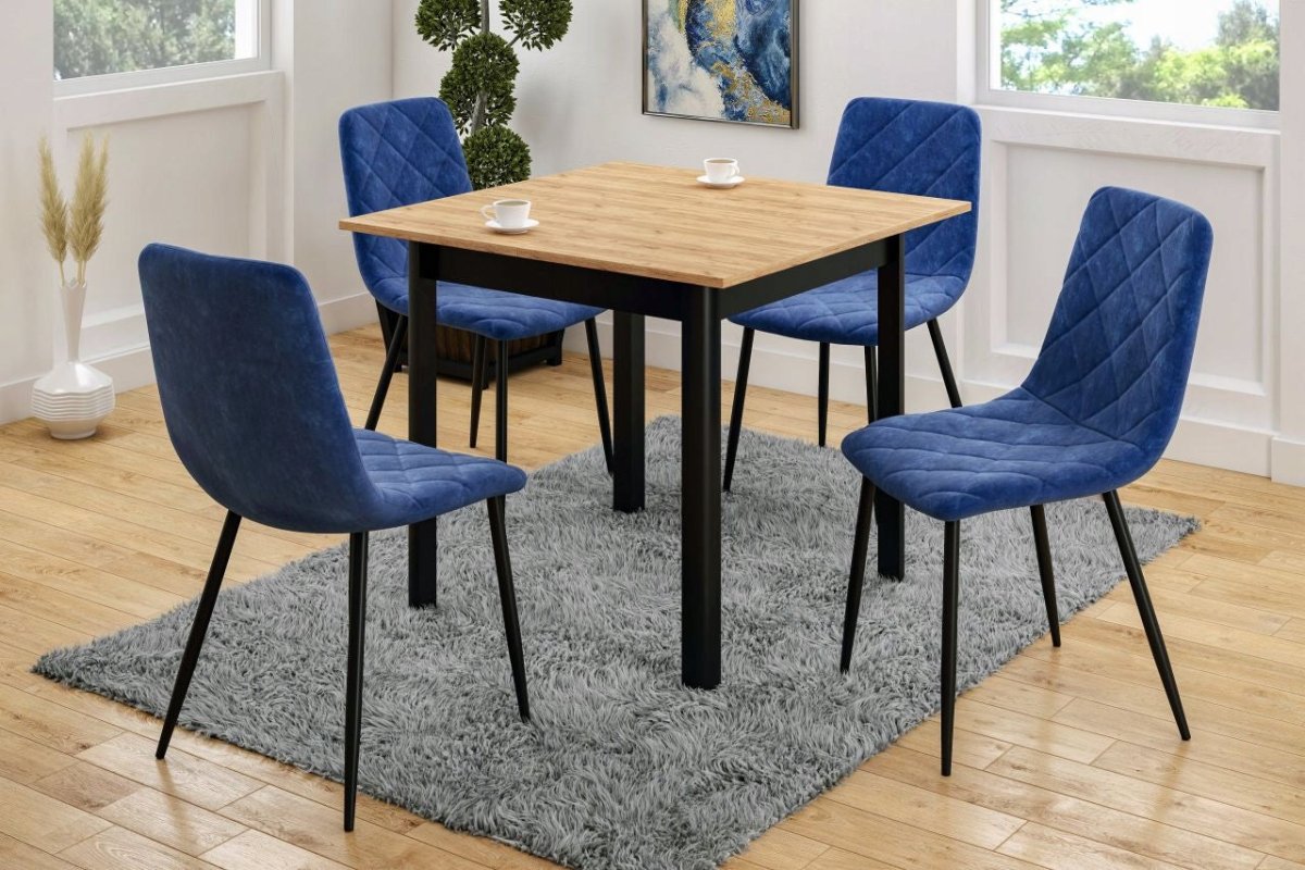 Scaun tapitat din catifea albastra, picioare metalice negre, stil loft, pentru dining/living, 87 cm - Reelken