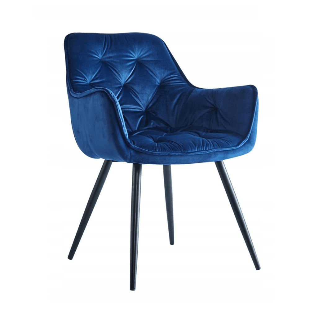 Scaun tapitat din catifea albastra, spatar matlasat, picioare metalice negre, pentru living și dining, 83 cm - Reelken