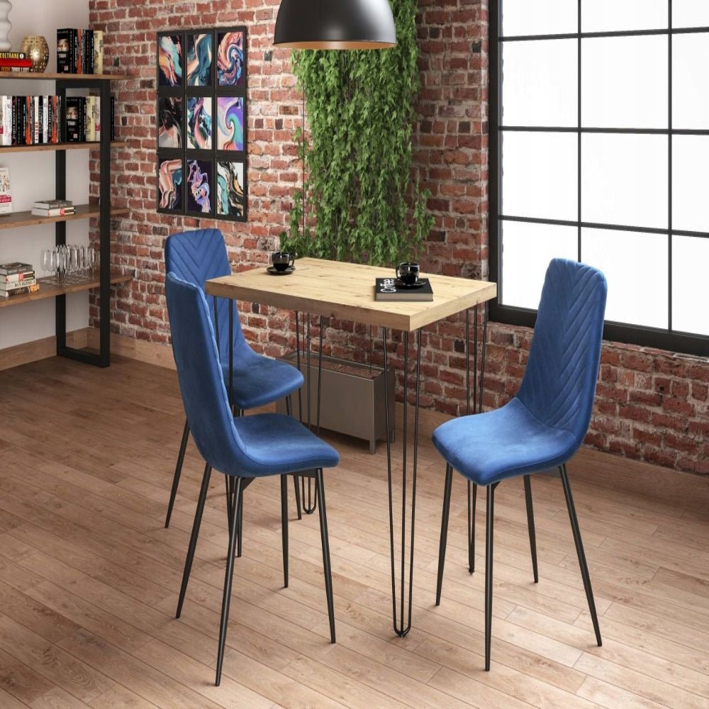 Scaun tapitat din catifea albastra, stil loft, picioare metalice negre, pentru living/birou, 87 cm - Reelken