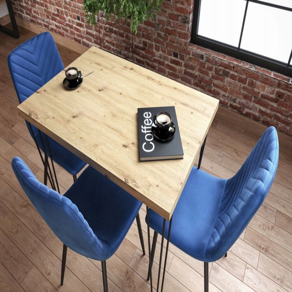 Scaun tapitat din catifea albastra, stil loft, picioare metalice negre, pentru living/birou, 87 cm - Reelken