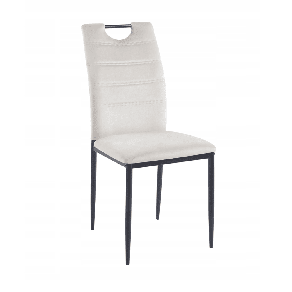 Scaun tapitat din catifea bej deschis, cu maner pe spatar, picioare metalice negre, pentru living/birou, 92 cm - Reelken