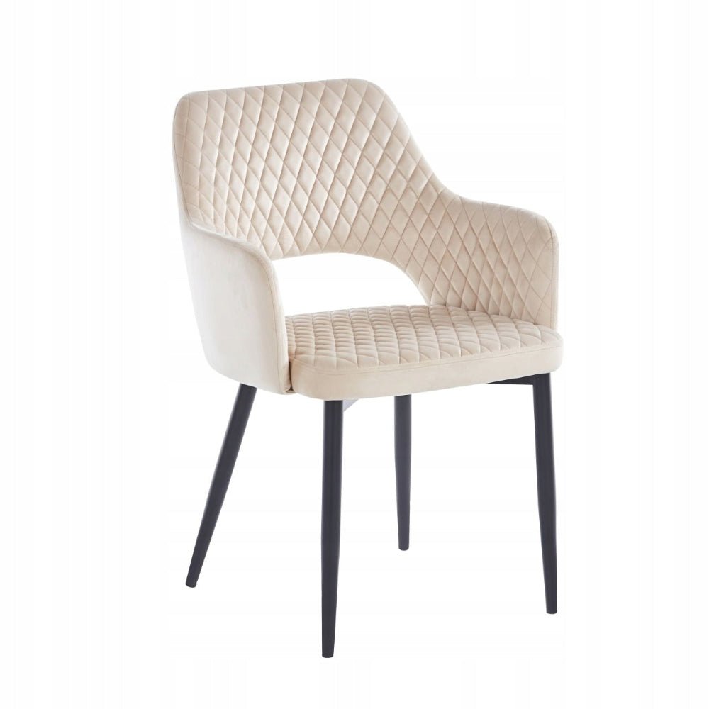Scaun tapitat din catifea bej, model capitonat, cu brate, picioare metalice negre, stil modern/loft, 85 cm - Reelken