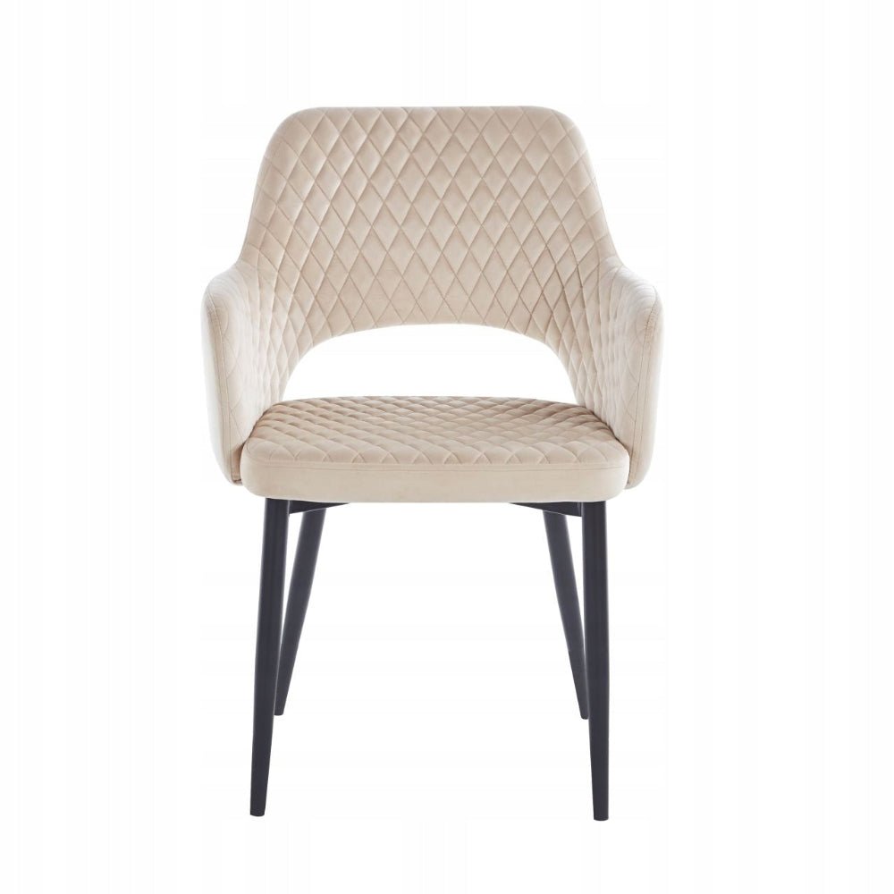 Scaun tapitat din catifea bej, model capitonat, cu brate, picioare metalice negre, stil modern/loft, 85 cm - Reelken