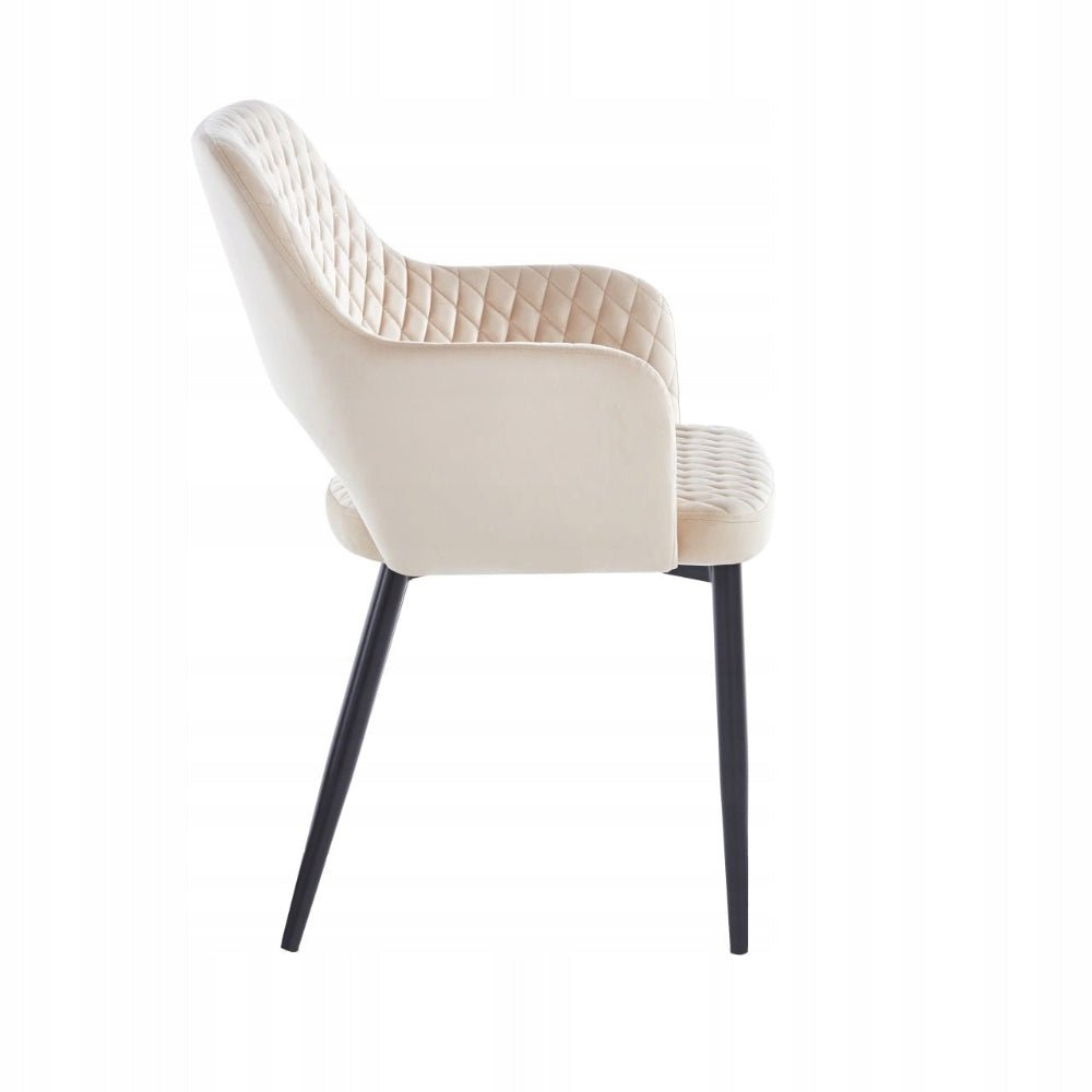 Scaun tapitat din catifea bej, model capitonat, cu brate, picioare metalice negre, stil modern/loft, 85 cm - Reelken