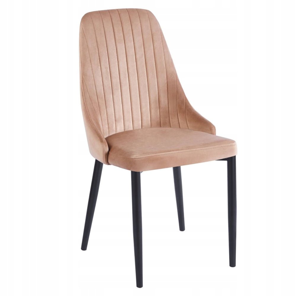 Scaun tapitat din catifea cappuccino, picioare metalice negre, cusaturi verticale, pentru dining/sufragerie/birou, 88 cm - Reelken