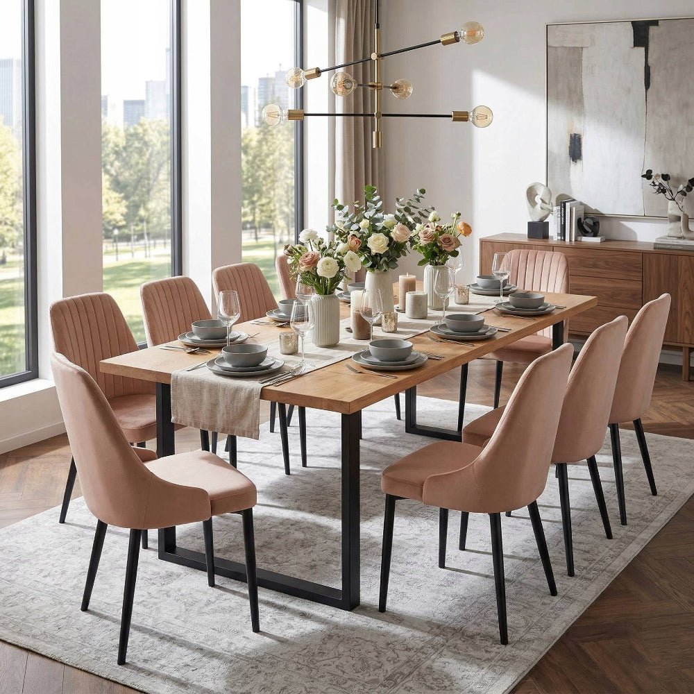 Scaun tapitat din catifea cappuccino, picioare metalice negre, cusaturi verticale, pentru dining/sufragerie/birou, 88 cm - Reelken
