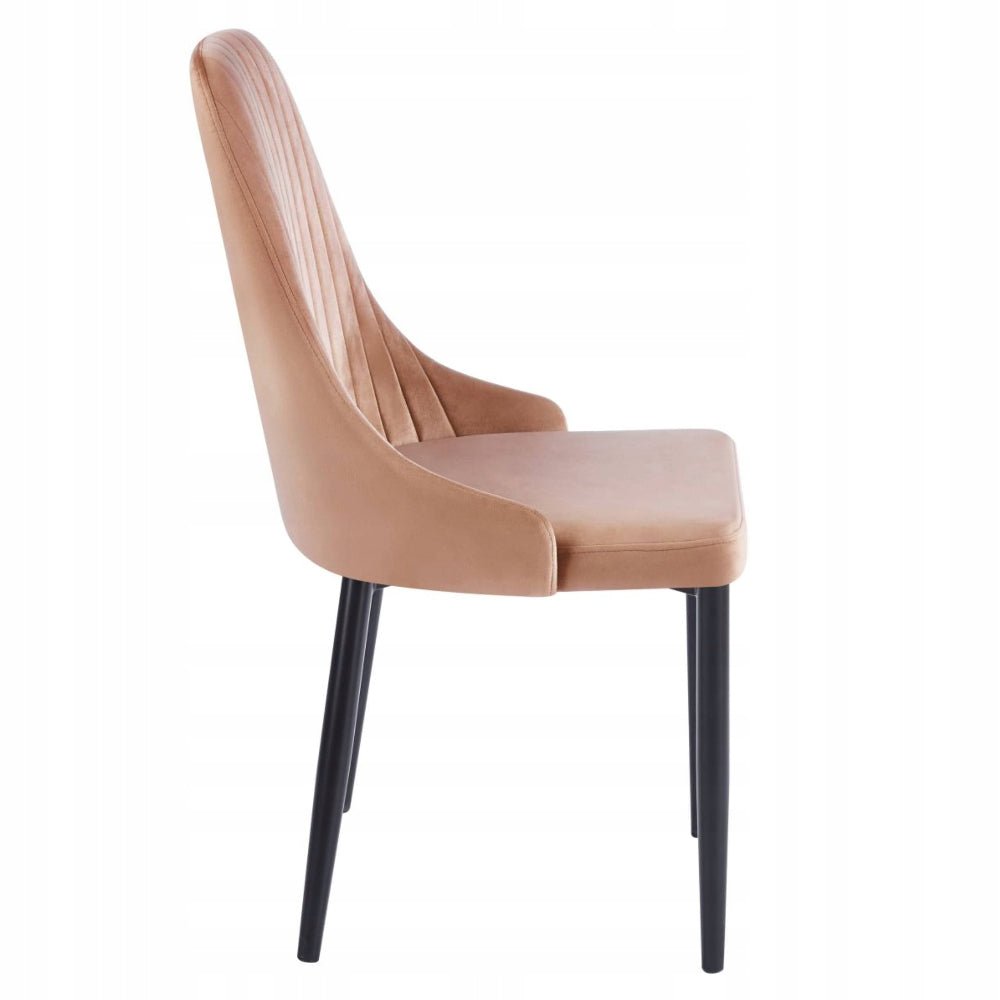 Scaun tapitat din catifea cappuccino, picioare metalice negre, cusaturi verticale, pentru dining/sufragerie/birou, 88 cm - Reelken