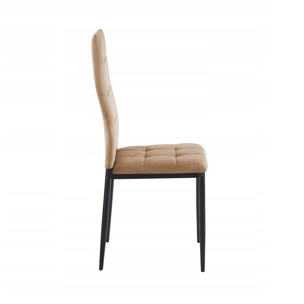 Scaun tapitat din catifea cappucino, design modern, spatar matlasat, picioare metalice negre, pentru living, dining sau birou - Reelken
