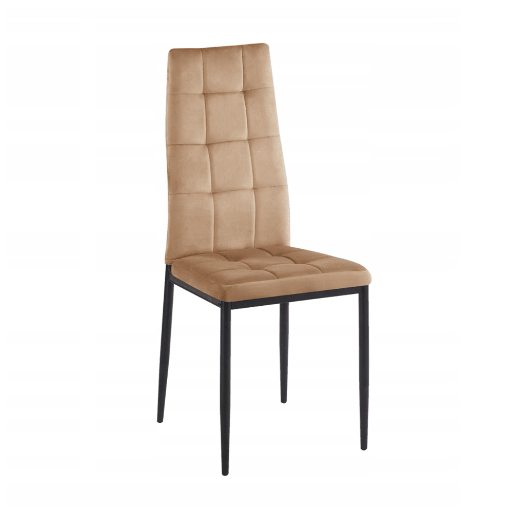 Scaun tapitat din catifea cappucino, design modern, spatar matlasat, picioare metalice negre, pentru living, dining sau birou - Reelken