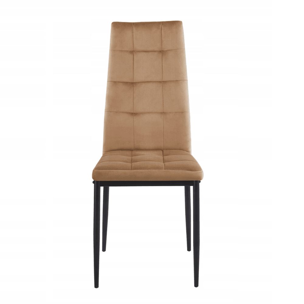 Scaun tapitat din catifea cappucino, design modern, spatar matlasat, picioare metalice negre, pentru living, dining sau birou - Reelken