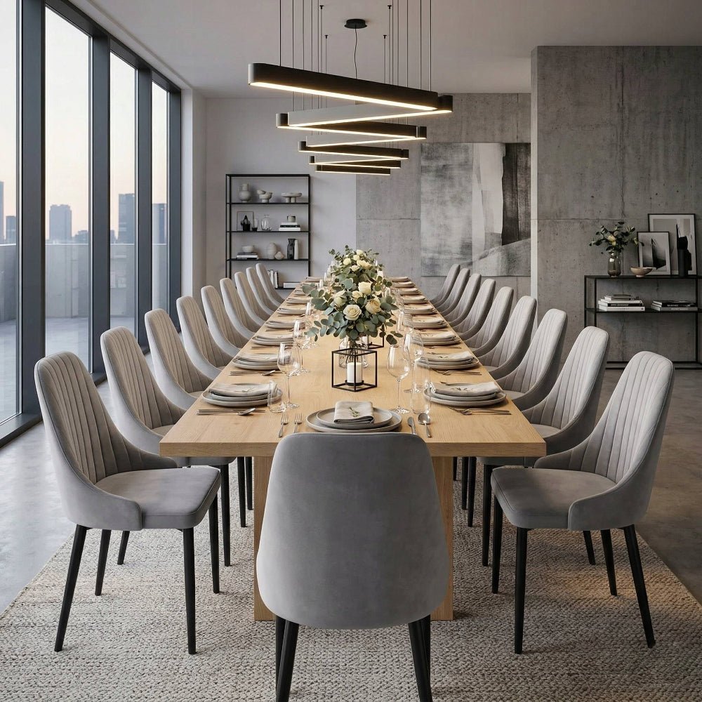 Scaun tapitat din catifea gri, picioare metalice negre, cusaturi verticale, pentru dining/sufragerie/birou, 88 cm - Reelken