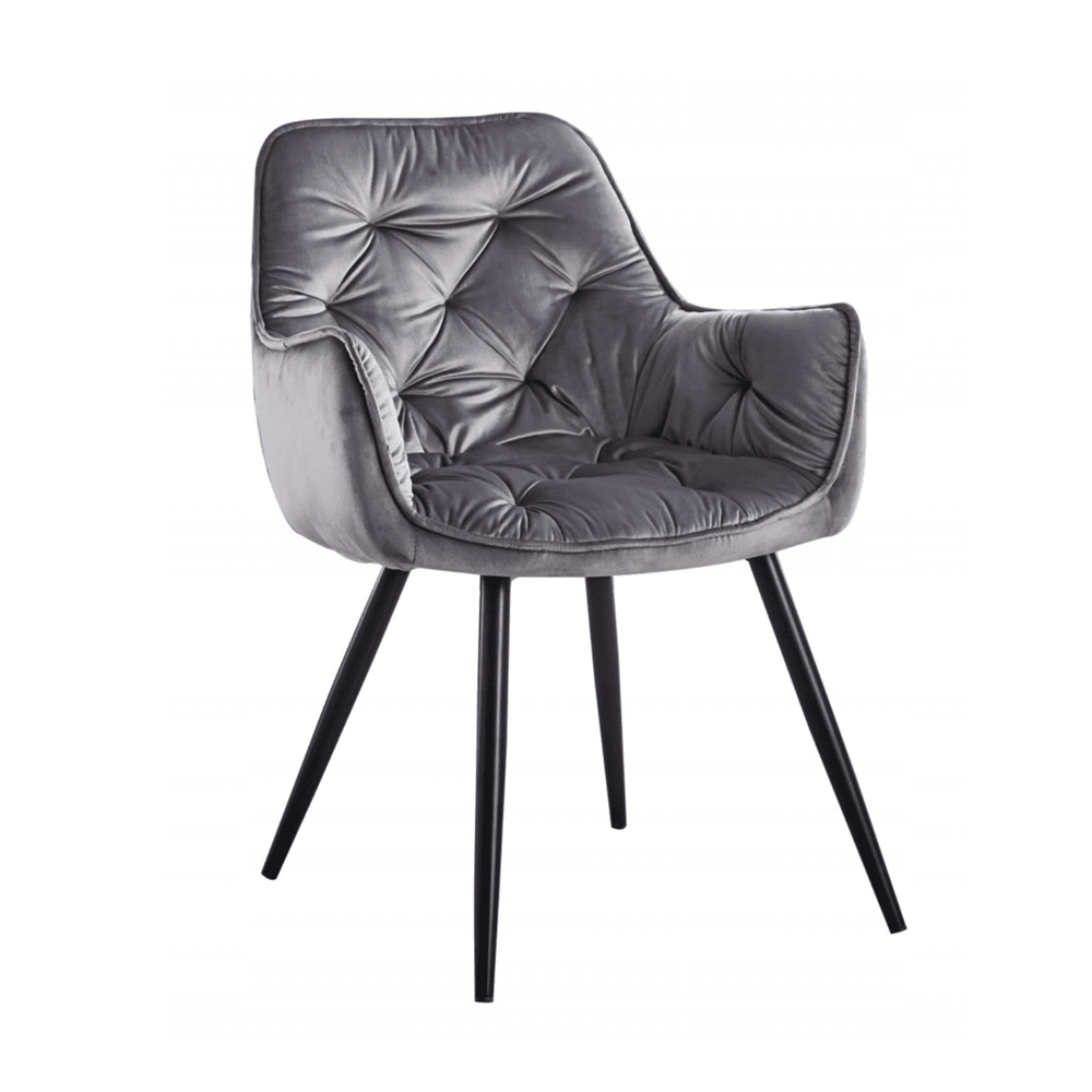 Scaun tapitat din catifea gri, spatar matlasat, picioare metalice negre, pentru living și dining, 83 cm - Reelken
