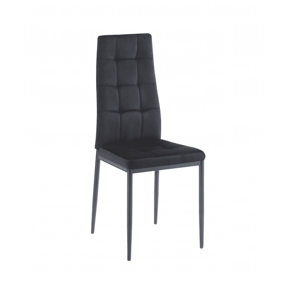 Scaun tapitat din catifea neagra, design modern, spatar matlasat, picioare metalice negre, pentru living, dining sau birou - Reelken