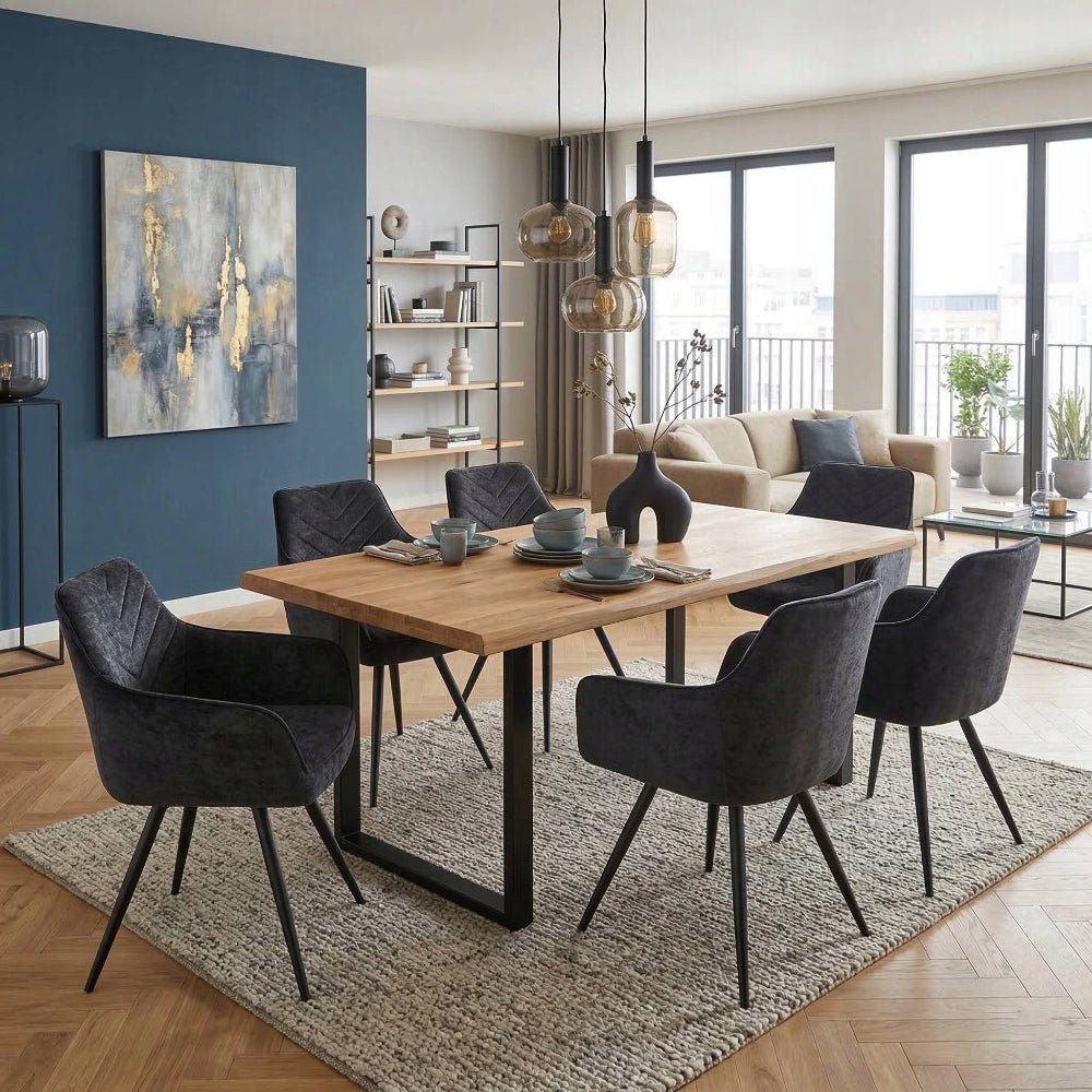Scaun tapitat din catifea neagra, pivotant 180° cu Auto-Return, sezut cu arcuri pocket, picioare metalice negre, pentru dining/living - Reelken